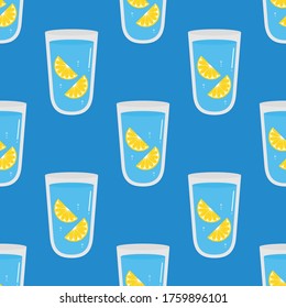 Lemon water concept vector seamless pattern background. Glass of water with lemon slices.