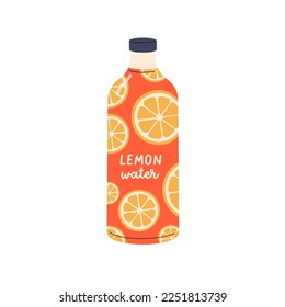 Lemon water, fresh cold drink in bottle. Cooling citrus fruit lemonade, organic healthy infused beverage. Summer fruity refreshment. Flat graphic vector illustration isolated on white background