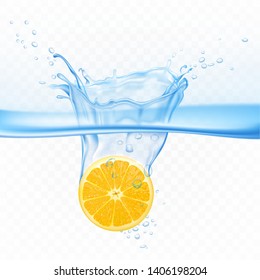 Lemon in water splash explosion isolated on transparent background. Citrus fruit under aqua surface with air bubbles around. Design element for juice drink advertising Realistic 3d vector illustration
