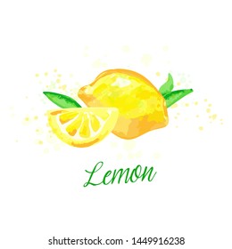 Lemon watercolor imitation design with paint splashes Vector illustration with lemons isolated. Fruit tea tag, card, colorful print, lemonade hand drawn poster