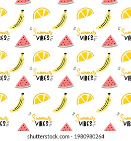 Lemon , watermelon and banana seamless pattern in doodle style on white background for summer fashion print, gift wrapping paper, wallpaper etc.