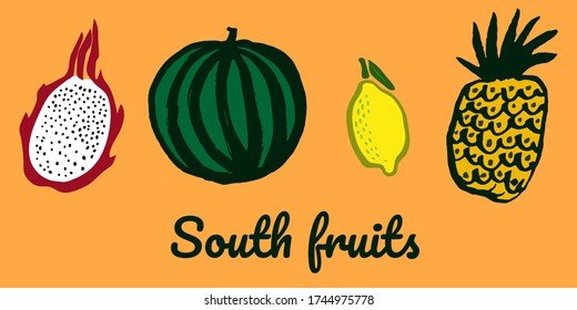 Limón, sandía, fruta de dragón, dibujos de vectores de piña aislados en fondo blanco. Iconos de Doodle frutal establecidos para el logotipo, infografía, sitio web o aplicación, paquete, diseño de menú.