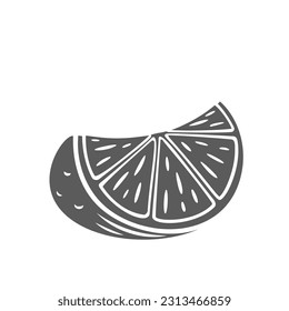 Ilustración vectorial de icono de glifo de cuña de limón. Sello de fruta limón cortada en rodaja de cuarto con cáscara y pulpa de jugo madura, pieza de limón troceada para un cítrico saludable limonada refrescante, té o jugo