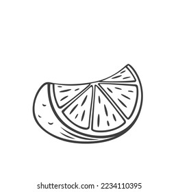 Lemon wedge line icon vector illustration. Hand drawn outline slice of tropical fruit, citrus cut into slice with peel and fresh pulp inside, vitamin lemon chopped on segment for lemonade or tea