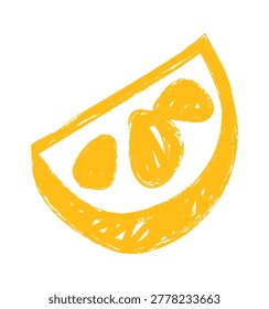 Lemon wedge with seeds drawn in rough crayon strokes and textured lines. Symbol of freshness, zest, summer vibe, and healthy living. Cartoon vector illustration.