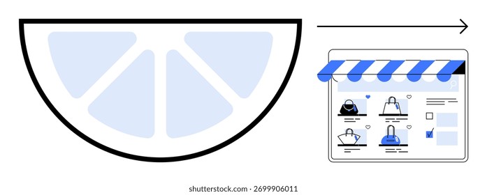 Limão cunha transformando-se em um layout de loja on-line com bolsas. Ideal para a transformação de negócios, e-commerce, marketing digital, branding, inovação, empreendedorismo, experiência do usuário. Linha