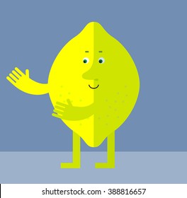 Lemon with welcome hands. Flat style vector illustration . Funny cartoon character