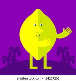 Lemon with welcome hands. Flat style vector illustration . Funny cartoon character