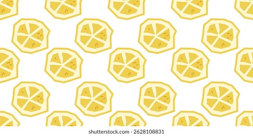 Lemon Wheel Repeat Pattern. Seamless pattern with stylized lemon wheels in flat style on white background, fresh and summery fruit design.