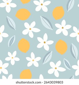 Lemon and white flower pattern with blue leaves on light blue background seamless pattern for fabric, textiles, clothing, wallpaper, cover, banner, home decor, florals backgrounds