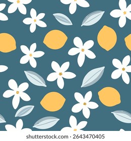 Lemon and white flower pattern with blue leaves on light blue background seamless pattern for fabric, textiles, clothing, wallpaper, cover, banner, home decor, florals backgrounds