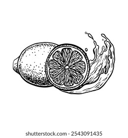 Lemon whole and cut with splash of juice. Vector graphic illustration of citrus fruit. Black and white hand drawn image. On white background. For menu, labels, recipe posters, packaging.