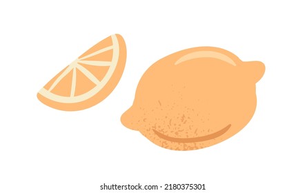 Lemon, whole fresh citrus and fruit piece with yellow juicy pulp. Tropical sour food and cut slice, segment. Flat vector illustration isolated on white background