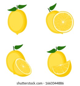 Lemon, whole fruit, half slice, vector illustration