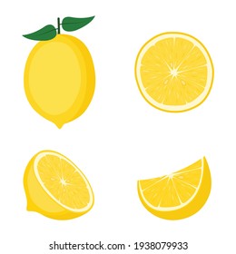 Lemon, whole fruit, half and slices, vector illustration