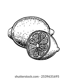 Die Zitrone ist ganz und halb. Vektorgrafik einer Zitrusfrucht. Ein handgezeichnetes Schwarzweißbild. Auf weißem Hintergrund. Ideal für Menüs, Etiketten, Rezepteposter, Aufkleber, Pakete.