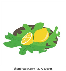
Lemon, whole and halved, on a salad plate.
