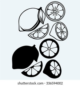 Lemon whole or sliced. Isolated on blue background. Vector silhouettes