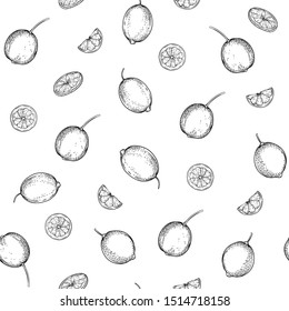 Lemon whole and sliced. Seamless pattern, background. Outline hand drawing vector illustration in black, white colors.
