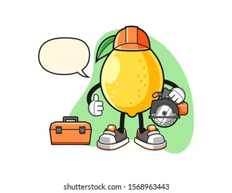 Lemon woodworker with speech bubble cartoon. Mascot Character vector.
