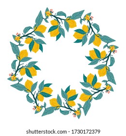 Lemon wreath or border. Tropical summer fruit isolated on a white background. Citrus in hand drawn style. Scandinavian nordic design for fashion or interior or cover or textile or background.  - Shutterstock ID 1730172379