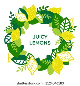 Lemon wreath with different leaves, design element, hand drawn doodle lemons made in vector