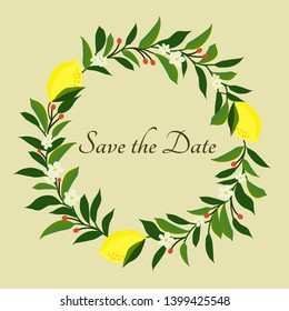 Lemon wreath made of flower branches with small leaves buds. Botanical illustration