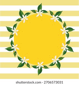 Lemon wreath on a striped background: white flowers and lemon leaves. Ideal for posters, postcards, packaging, textiles, and branding. Vector.