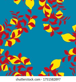 lemon wreath with red leaf branch isolated on blue background seamless vector pattern