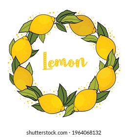 Lemon Wreath. Vector Illustration Of Lemon Fruit, Leaves, White Background, Outline.