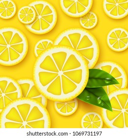 Lemon yellow background. Sliced lemons pieces with leaves and water drop. Vector illustration.
