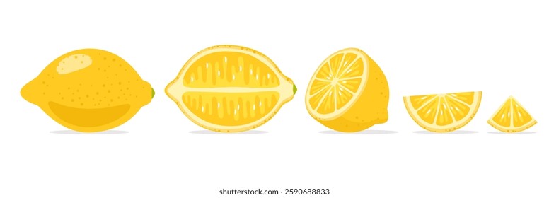 Lemon. Yellow citrus fruit, Whole and half, piece. Tropical ingredient. Fresh exotic food. Lemonade freshness product. Vitamin juicy natural plant. Cartoon flat isolated vector illustration