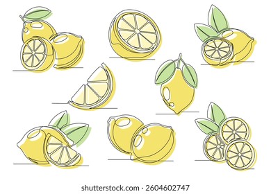 Lemon yellow continuous one line drawing set. Outline lemon citrus icon collections isolated on a white background. Editable stroke. Vector illustration