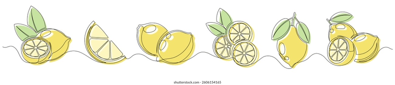 Lemon yellow continuous one line drawing set isolated on a white background. Editable stroke. Outline lemon citrus collections. Horizontal banner. Vector illustration