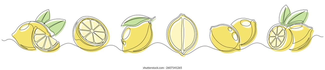 Lemon yellow continuous one line drawing set isolated on a white background. Horizontal banner. Outline lemon citrus collections. Editable stroke. Vector illustration