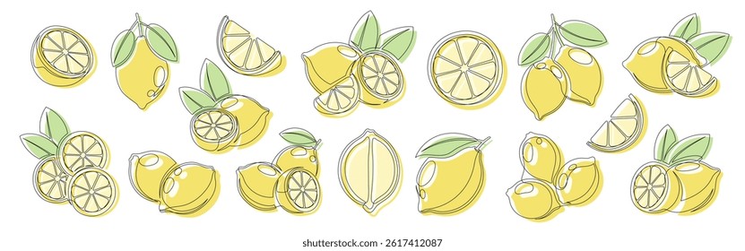 Lemon yellow continuous one line drawing icon set. Editable stroke. Outline lemon citrus collections isolated on a white background. Vector illustration