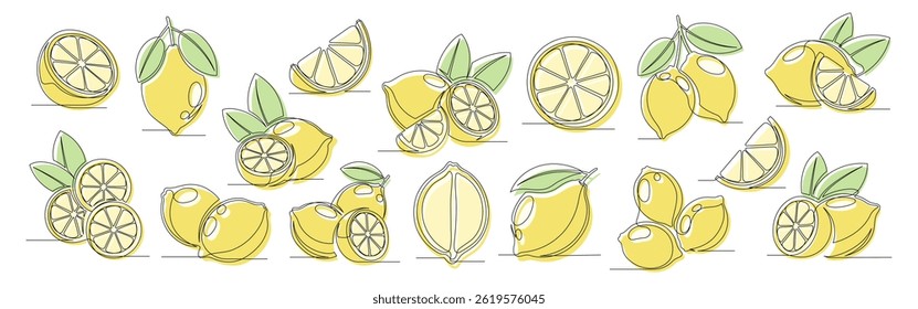 Lemon yellow continuous one line drawing set. Outline lemon citrus icon collections isolated on a white background. Editable stroke. Vector illustration