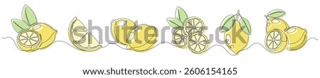 Lemon yellow continuous one line drawing set isolated on a white background. Editable stroke. Outline lemon citrus collections. Horizontal banner. Vector illustration