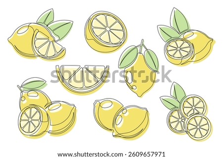 Lemon yellow continuous one line drawing icon set. Editable stroke. Outline lemon citrus collections isolated on a white background. Vector illustration
