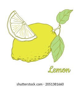 Lemon. Yellow fruit with leaves and slice. Color illustration. Sticker. Doodle style. Isolated on a white background.Hand drawn. For labels, food packaging design