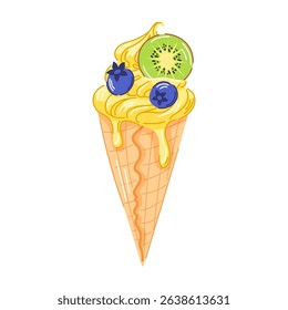 Lemon yellow ice cream cone with swirled creamy texture with kiwi slice and blueberry in cartoon style. Refreshing summer dessert perfect for sweet theme, fruit concept and colorful food illustration.
