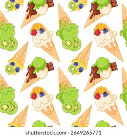 Lemon yellow, kiwi, vanilla, orange fruit, blueberry, raspberry ice cream cone with swirled creamy texture seamless pattern in cartoon style.