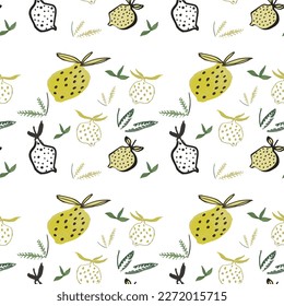 Lemon yellow lemon leaf fresh exotic drawn natural vector textile juicy background 