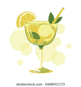 Lemon yellow margarita, alcoholic cocktail. Refreshing summer drink. Vector illustration isolated on white.