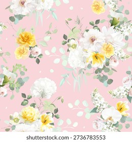 Lemon yellow pastel floral vector design pattern. White peony, pink rose, tulips, magnolia, orchid, hellebore, lilac, hydrangea, greenery and plants. All flowers and branches are isolated and movable.