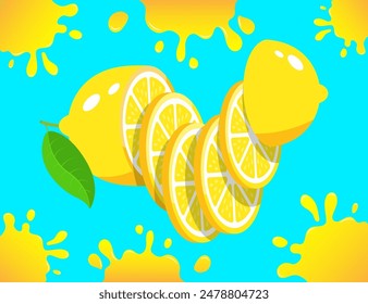 Lemon yellow sliced lemon slices vector illustration vector citrus fruit slices Fresh lemon citrus fruit with leaf