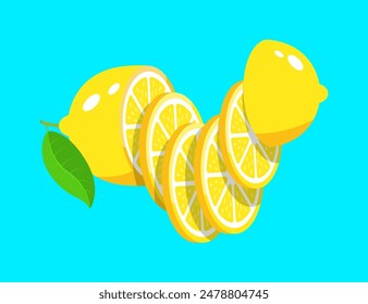 Lemon yellow sliced lemon slices vector illustration vector citrus fruit slices Fresh lemon citrus fruit with leaf