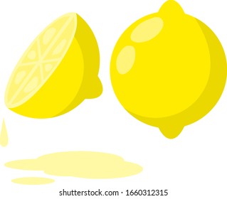 Limón. fruta amarga amarilla. Conjunto de objetos con vitamina C. Corte alimentos.Dibujo plano de caricatura. Gota de jugo