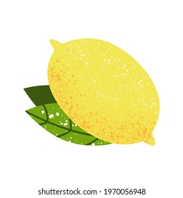 Lemon with yellow spotted texture and green leaves isolated on white. Vector.