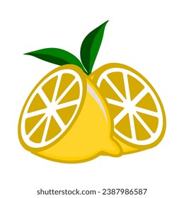 Lemon in yellow, Whole and half sliced lemon with green leaves isolated on white background.